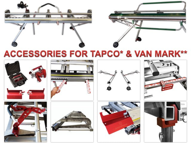 A collage of accessories and add-ons for Tapco and vanmark portable siding bending brakes
