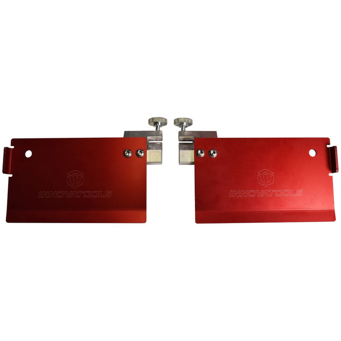 Left and right Anvil Extensions for Innovatools modular brake, red anodized on white background