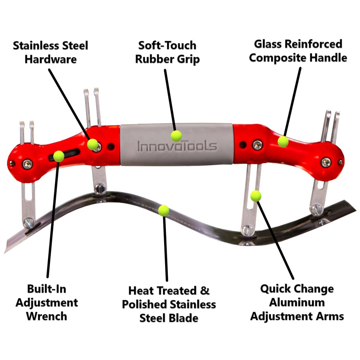 Image of the Innovatools adjustable curved trowel with illustrations to highlight features and advantages