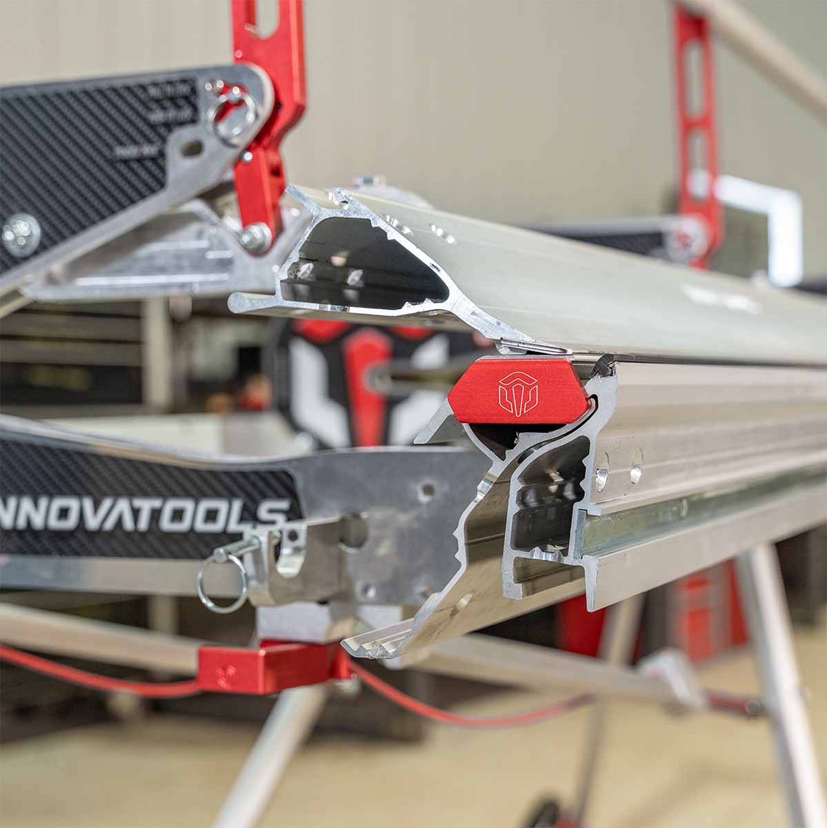 Close-up profile shot of the Innovatools bending brake's closed jaws.