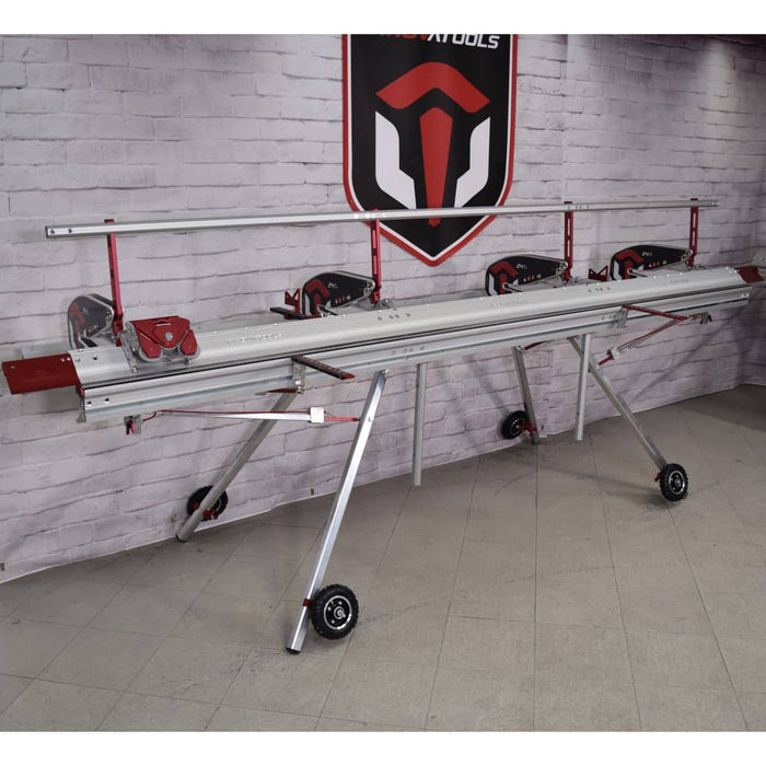 Innovatools modular aluminum siding brake on display on a collapsible stand with accessories attached
