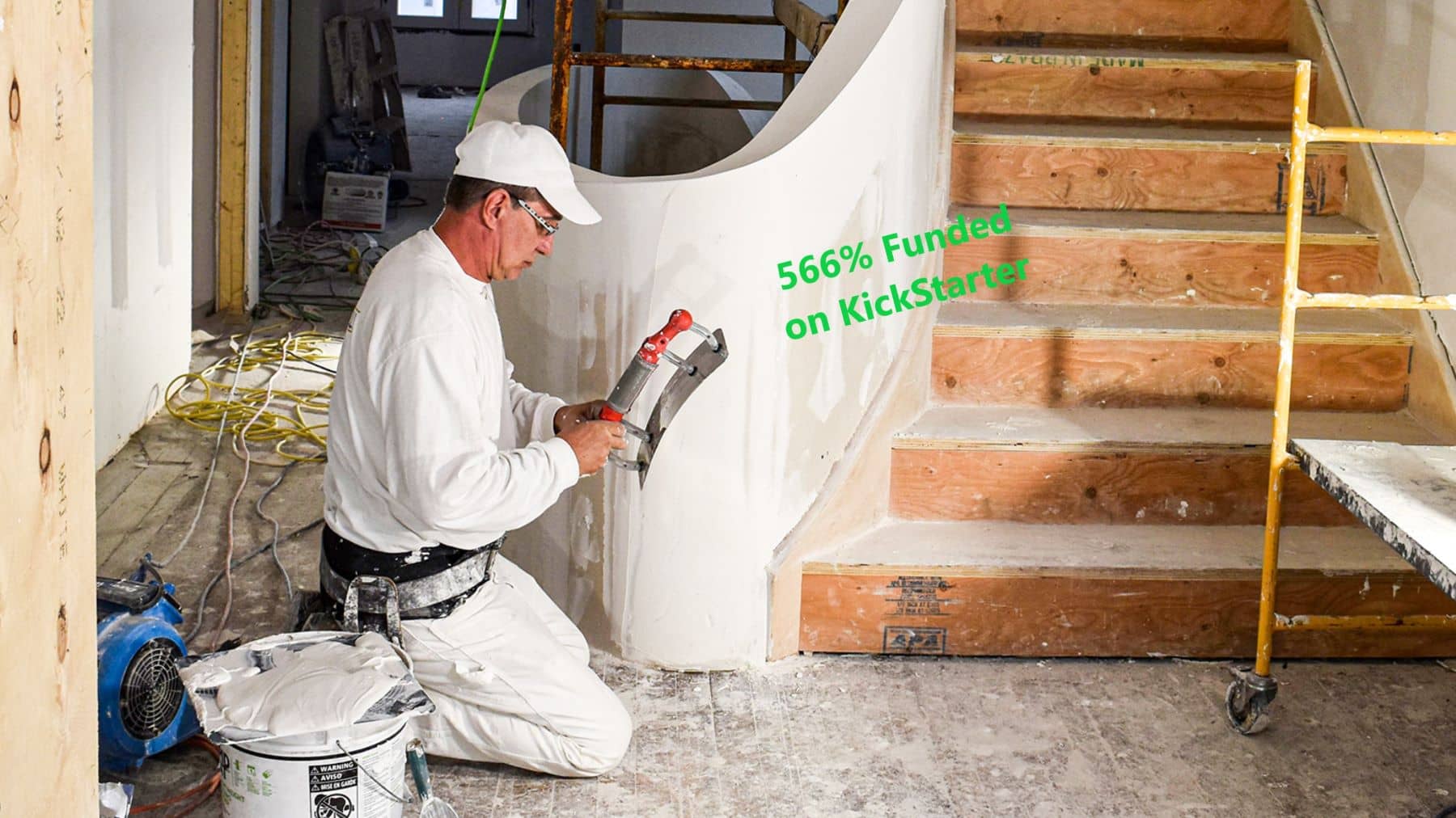 A drywall professional adjusting the radius on Innovatools curved trowel to finish the convex drywall surface of a staircase
